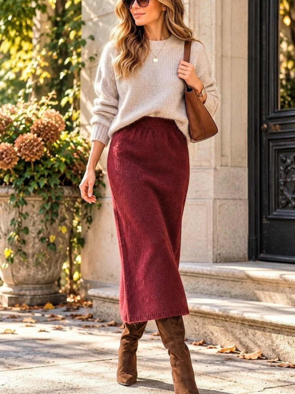 Evan-Picone Burgundy Lambswool Angora Knit Midi Skirt Size M
